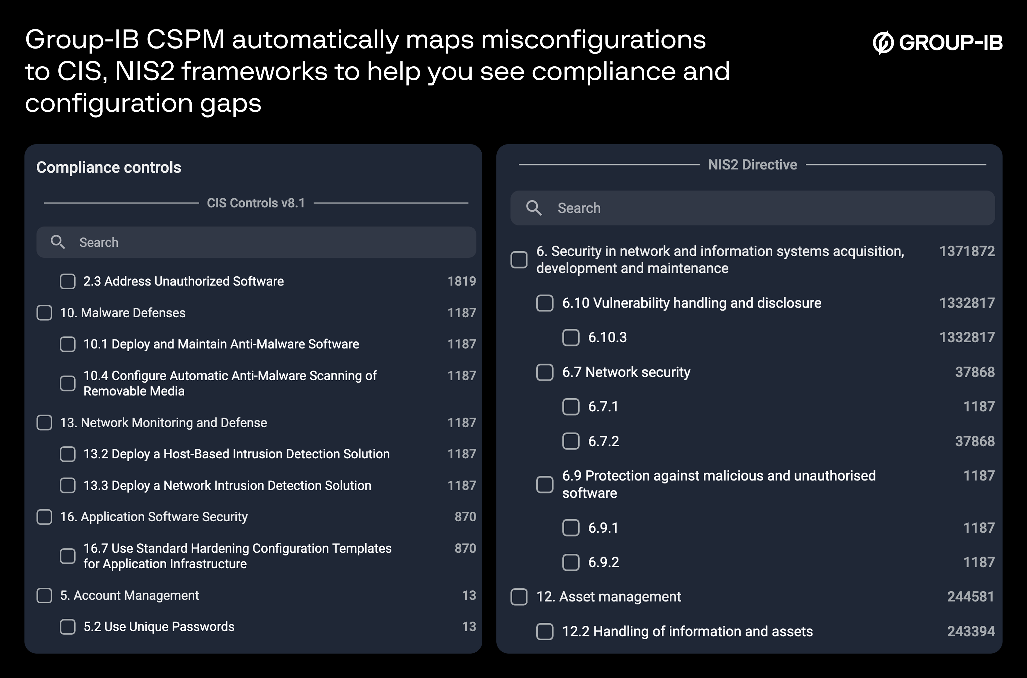 Image: Group-IB CSPM automatically maps misconfigurations to CIS, NIS2 frameworks to help you see compliance and configuration gaps.