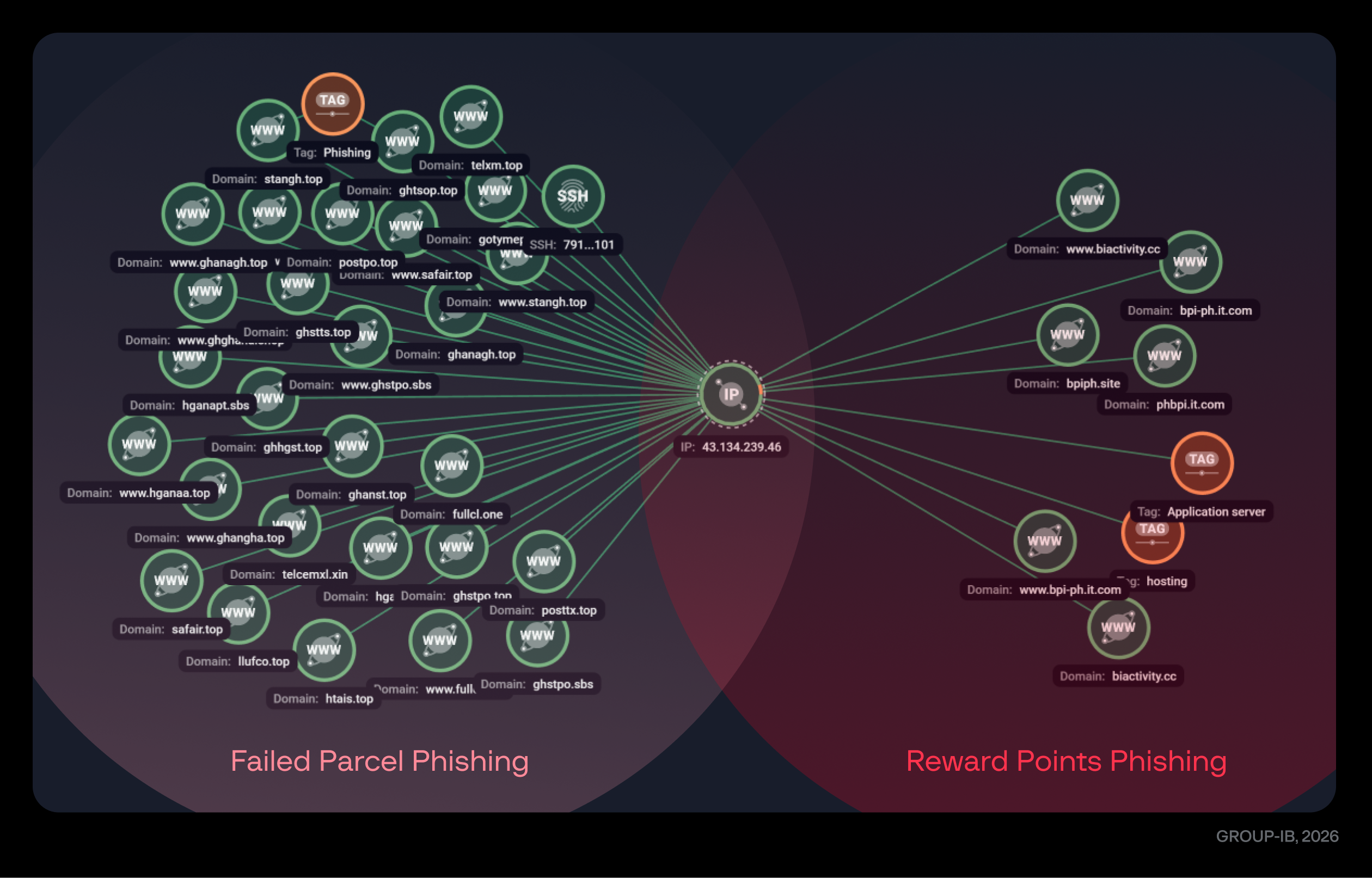 Figure 3: Group-IB Graph used to map the malicious infrastructure behind two phishing campaigns reveals a common overlapping IP address.