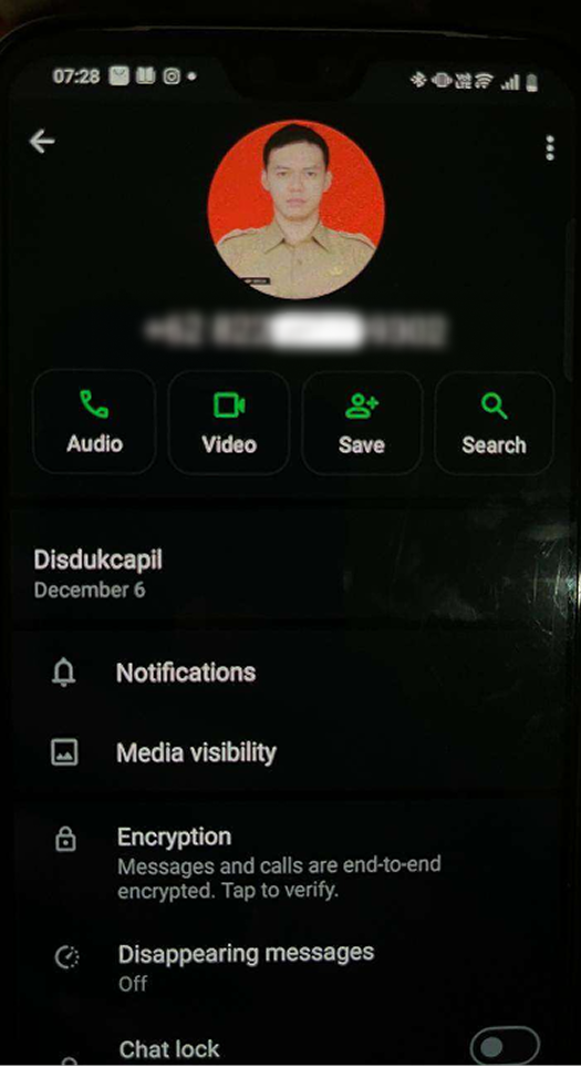 Figure 9. Example of a phone number used to contact victims while posing as Disdukcapil representatives.