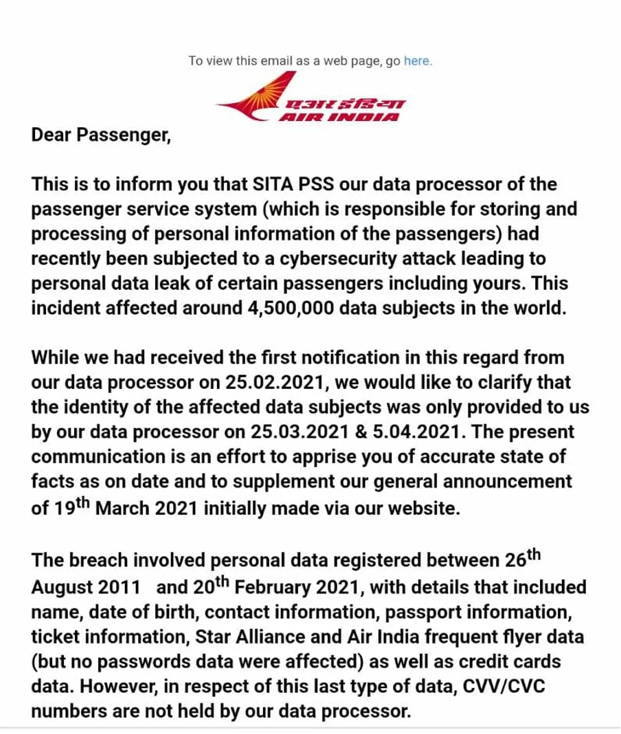 screenshot of air india email