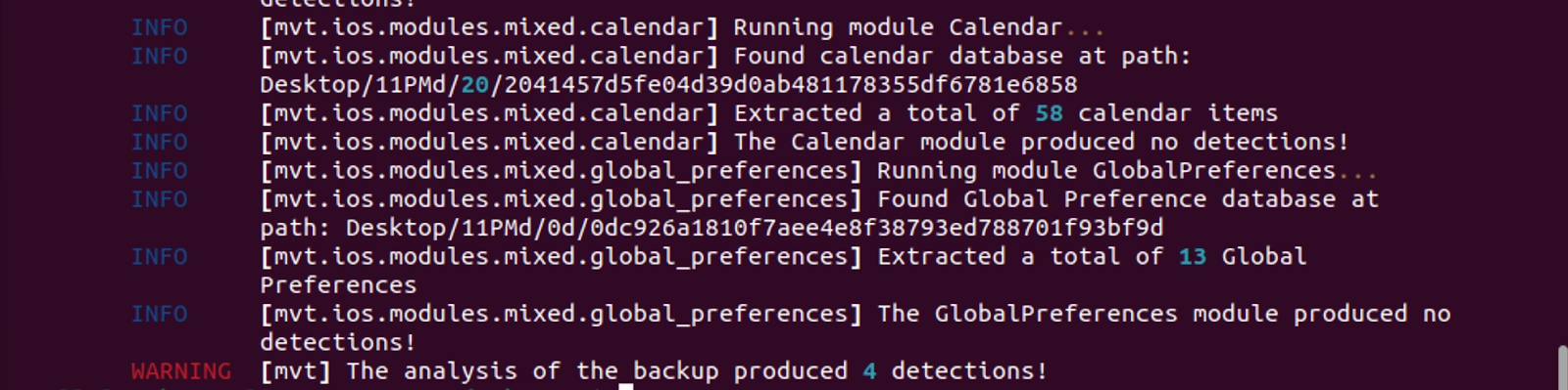 Result of MVT IOCs scan with four detections