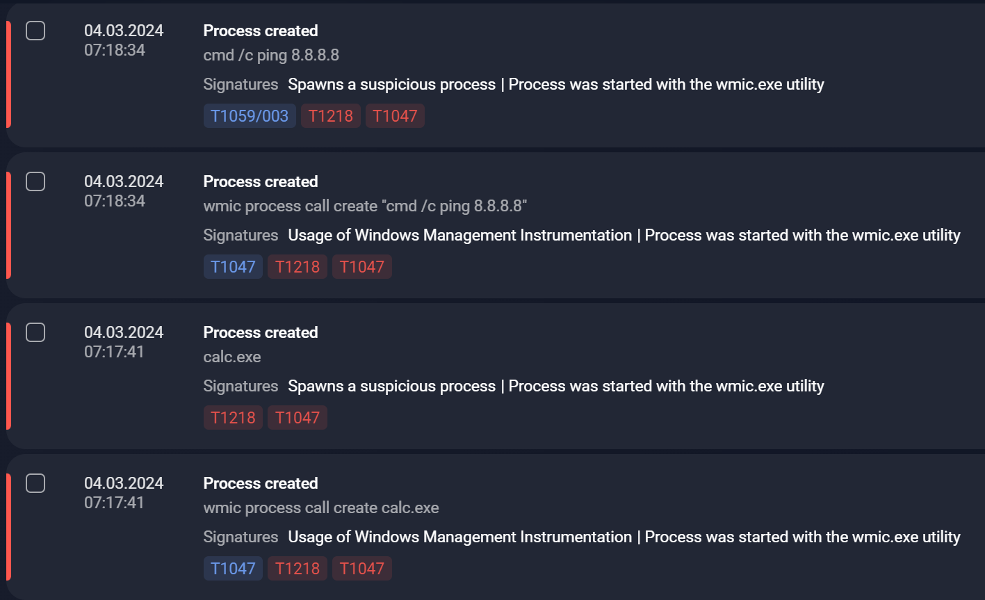 Examples of wmic being used for the execution of commands