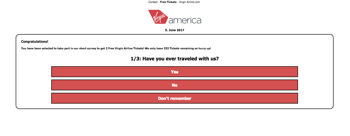 Fake Virgin America web-site that offers 2 free tickets