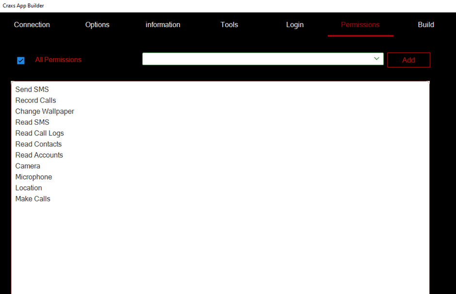 List of permissions for selection in Crax App builder