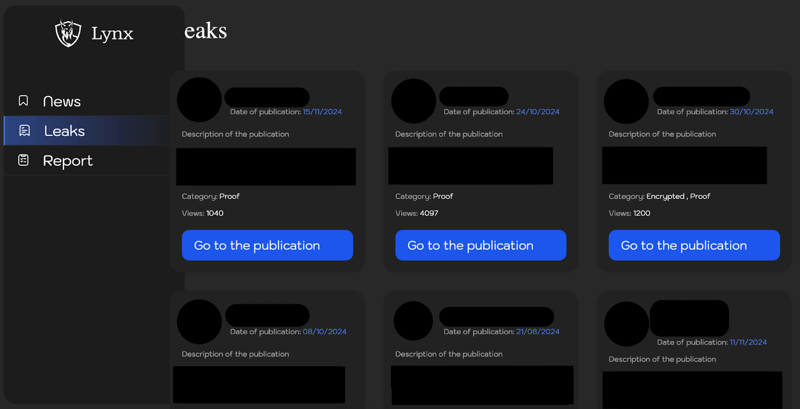 Figure 1. Screenshot of a dedicated leak site (DLS) of Lynx ransomware.