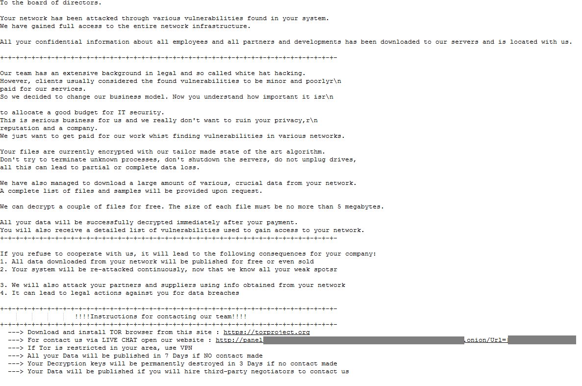 Ransom note with a URL to conduct a live chat with the attackers