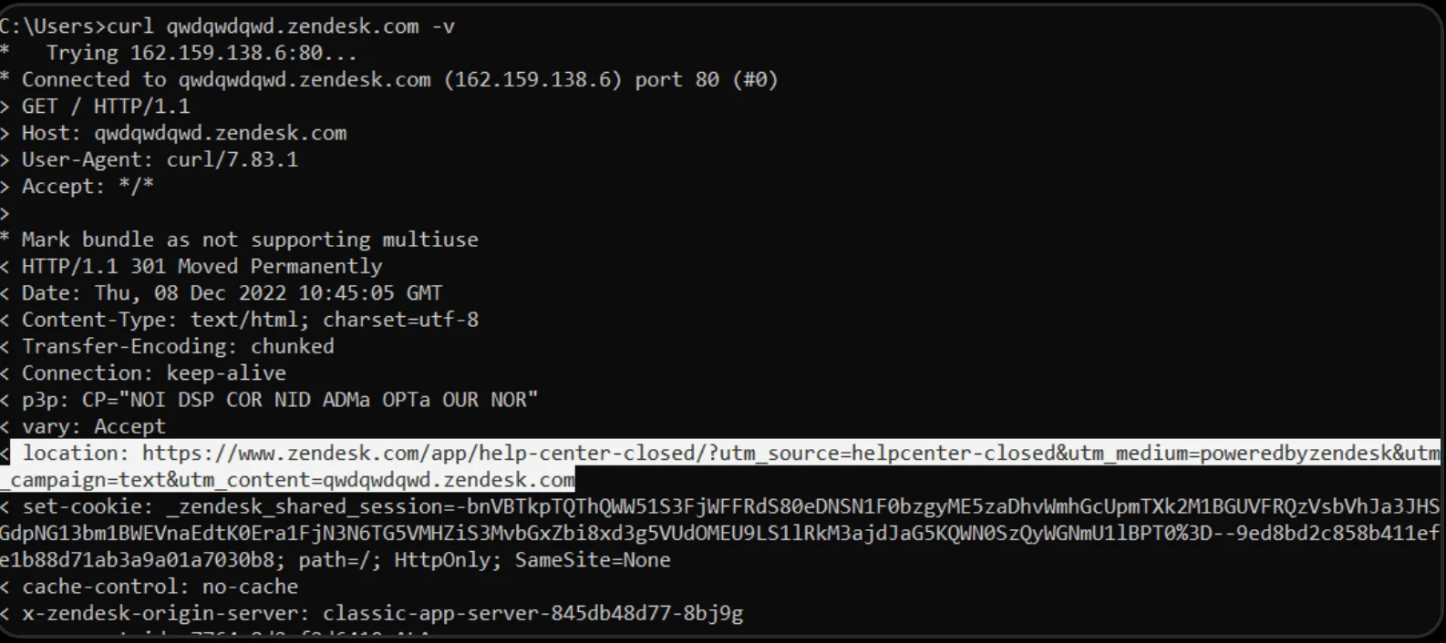 10-min The location header value when the organization isn’t found on zendesk.com