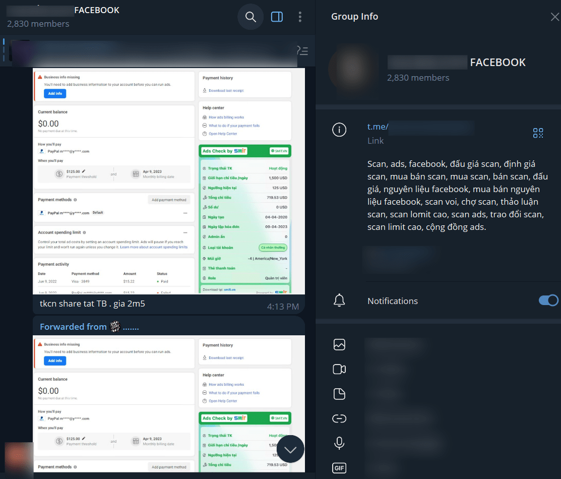 Figure 10. A Telegram group advertising stolen Facebook Business Manager accounts