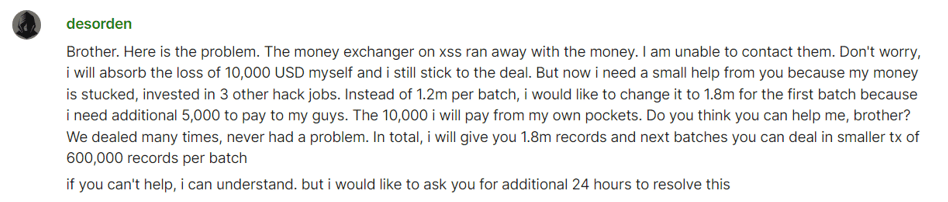 Figure 10. A screenshot of a message from DESORDEN to his buyer.