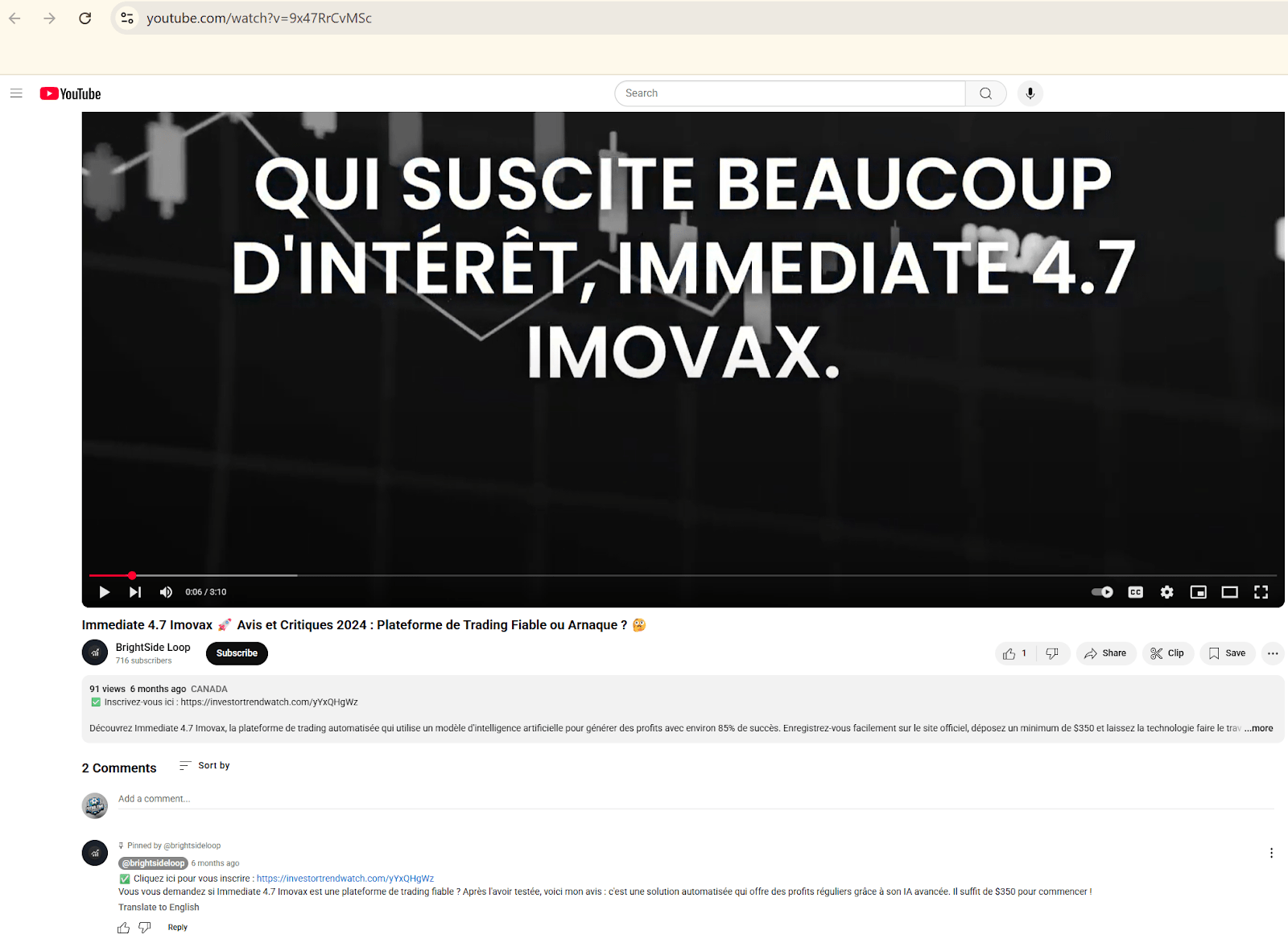 Figure 10, Screenshot of a YouTube video titled “Immediate 4.7 Imovax ð Avis et Critiques 2024 : Plateforme de Trading Fiable ou Arnaque ? ð¤” with a link to a scam website