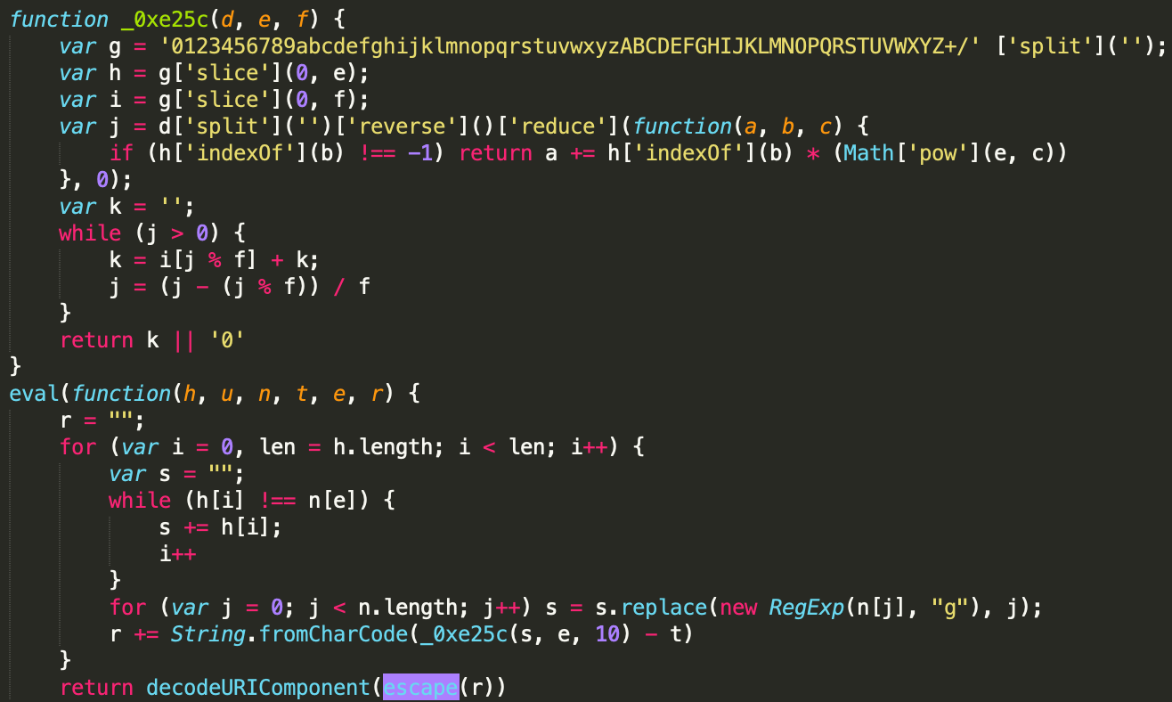 Function for the deobfuscation of the JS sniffer source code