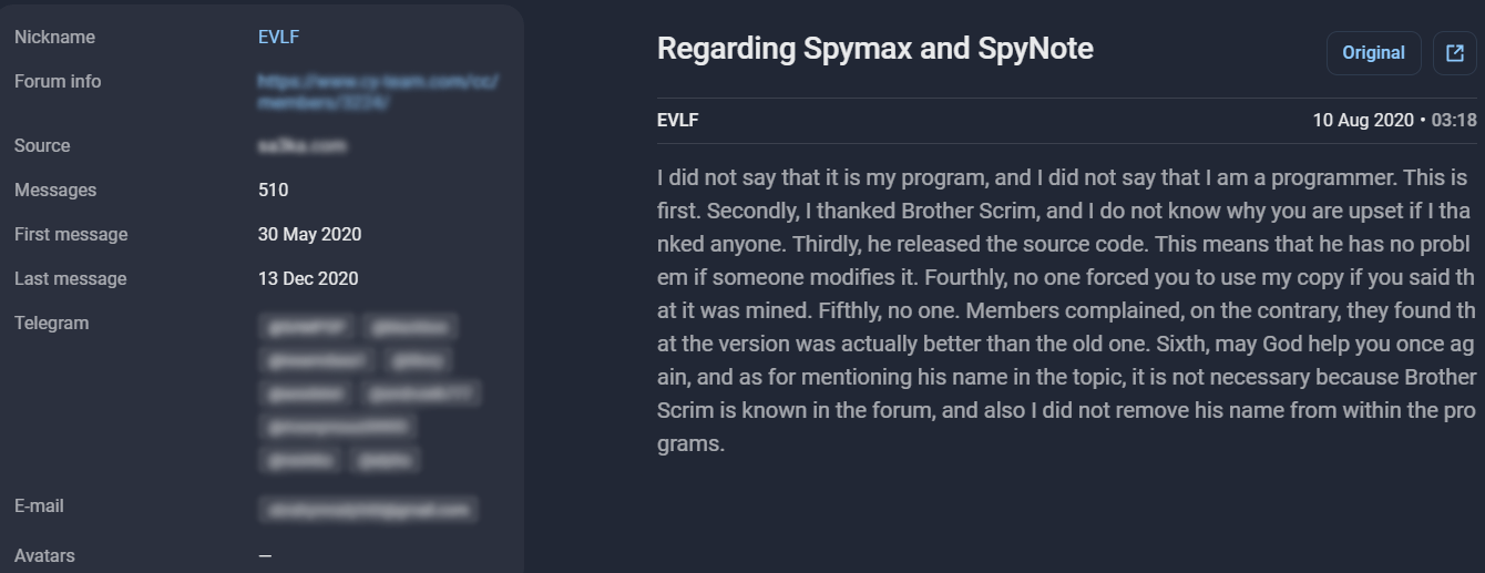 Screenshot from Group-IB Threat Intelligence Platform about EVLF clarifying about the source code for Spymax. Original post was written in Arabic
