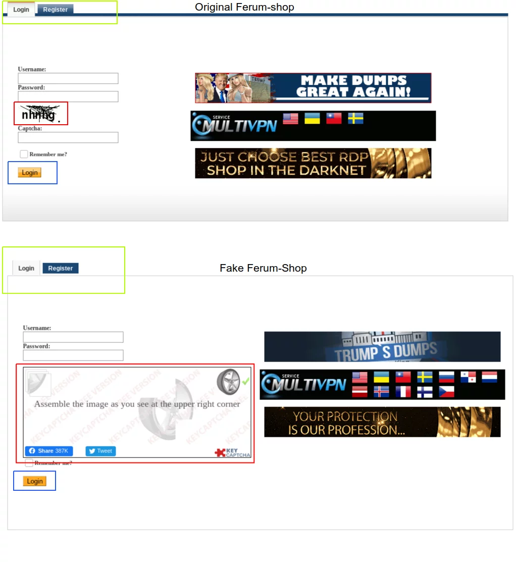 a comparison of the login pages of the original Ferum shop and a fake one