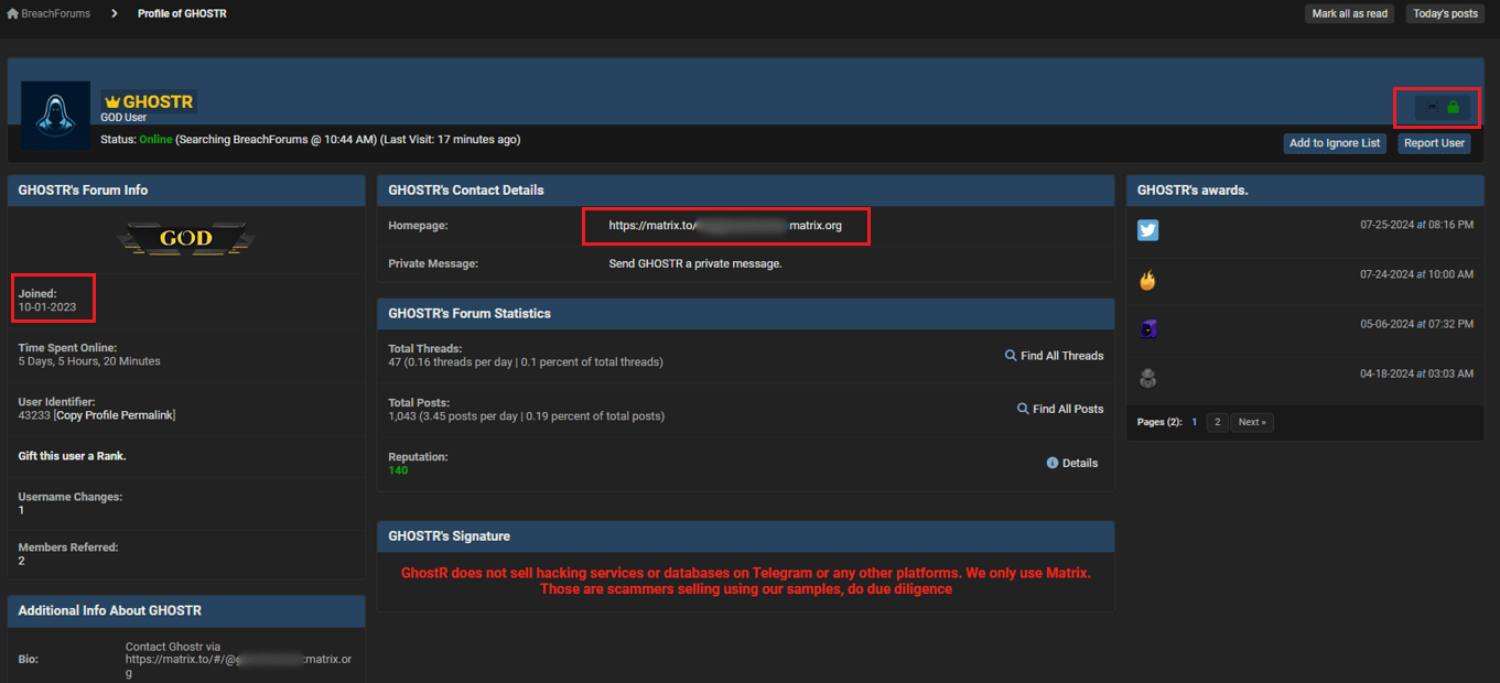 Figure 12. A screenshot of GHOSTR’s profile on BreachForums.