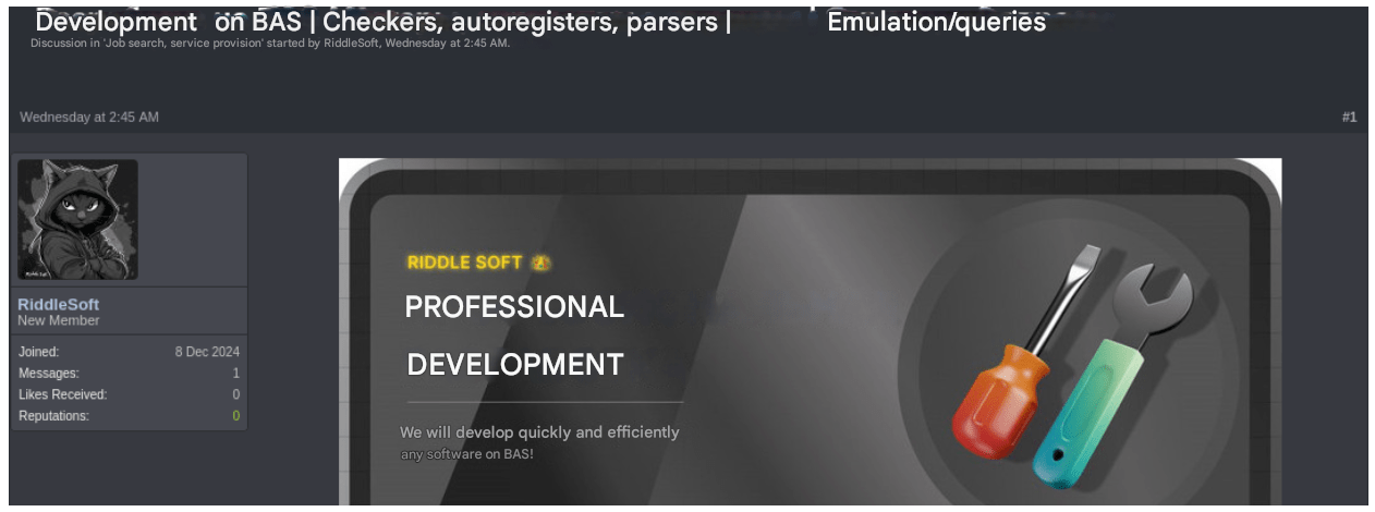 Figure 12. BAS developers offer their services on underground forums. Translation:” Development on BAS | Checkers, autoregisters, parsers | Emulation/queries”. Originally in Russian, and translated into English.