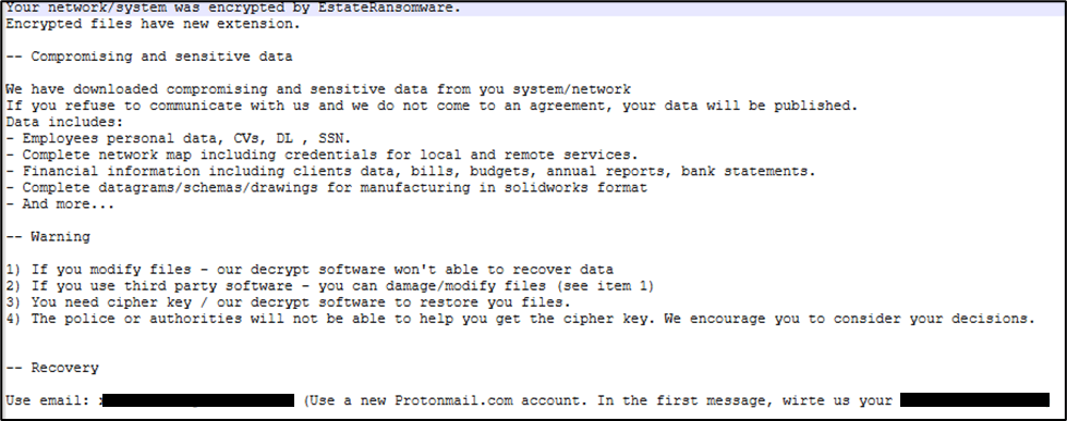 Ransom note Estate Ransomware