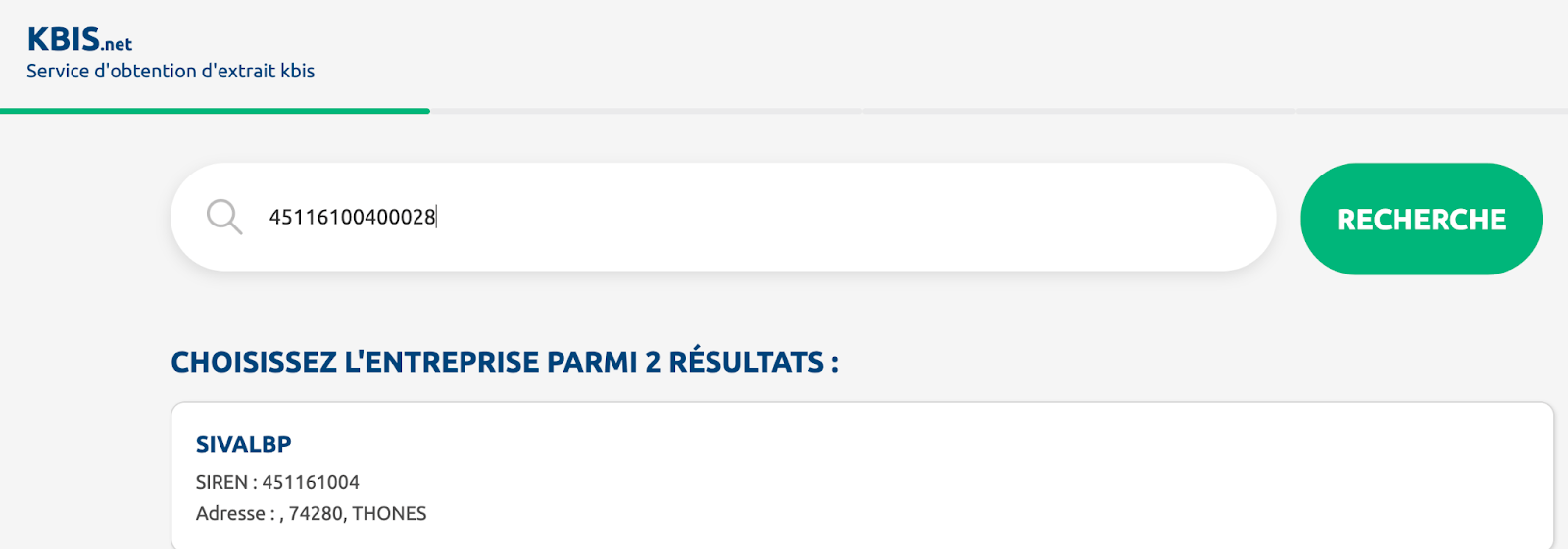 Figure 14. A screenshot of the KBIS platform, revealing that the SIRET number that the scammer used is actually registered to another business entity.