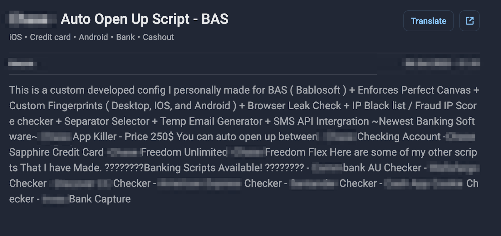 Figure 14. Example of BAS scripts offered in Darknet.