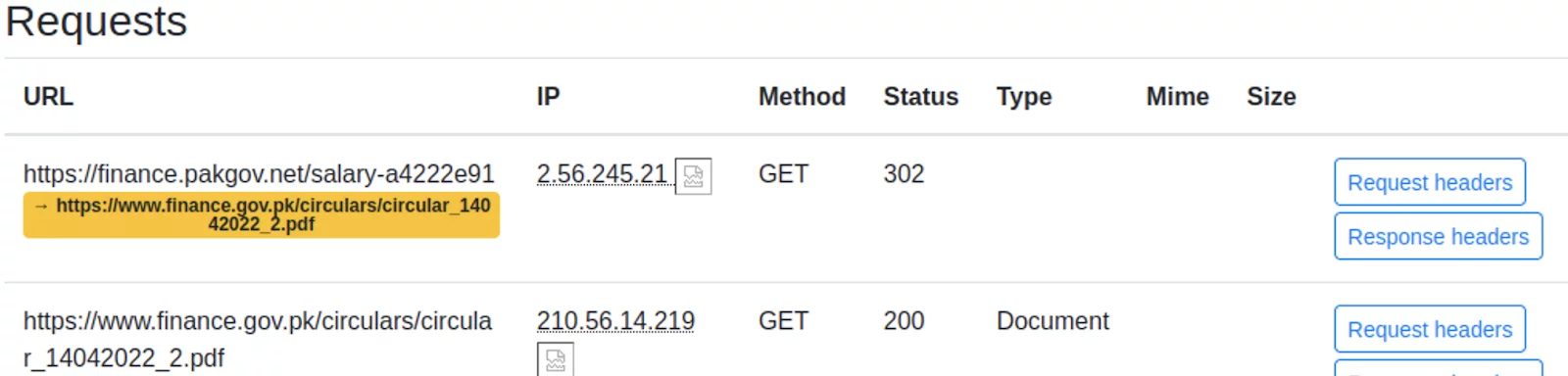 Screenshot with request and redirect