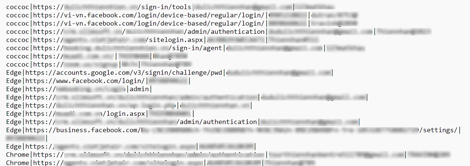 Example of .txt file containing credentials stolen by VietCredCare from the browsers of an infected device