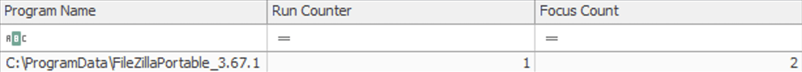 Figure 15. UserAssist registry key evidence showing the execution of Filezilla