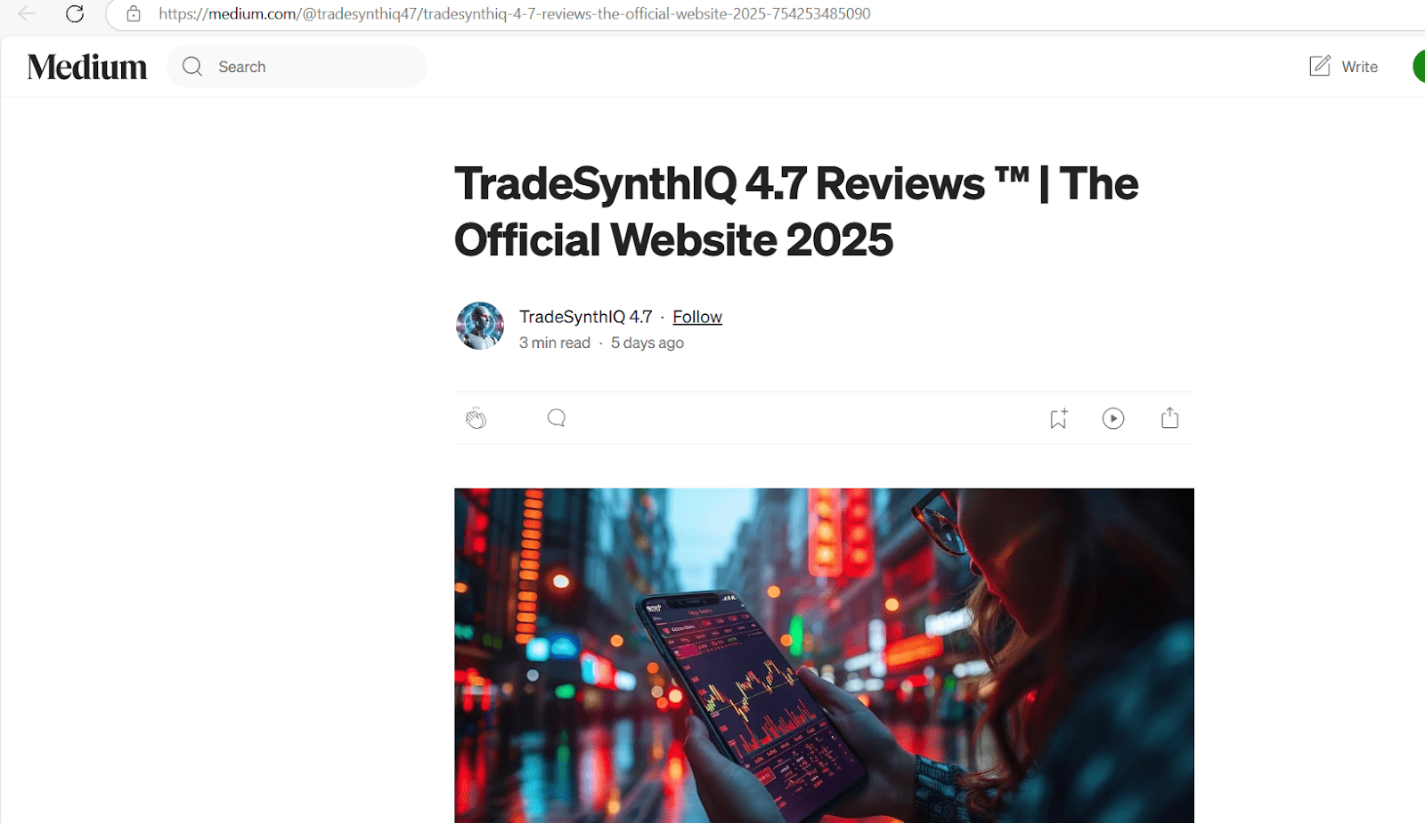 Figure 16, Screenshot of a fake blog titled “TradeSynthIQ 4.7 Reviews | The Official Website 2025” https://community.nxp.com/t5/S32G/TradeSynthIQ-4-7-Reviews-The-Official-Website-2025/m-p/2081496