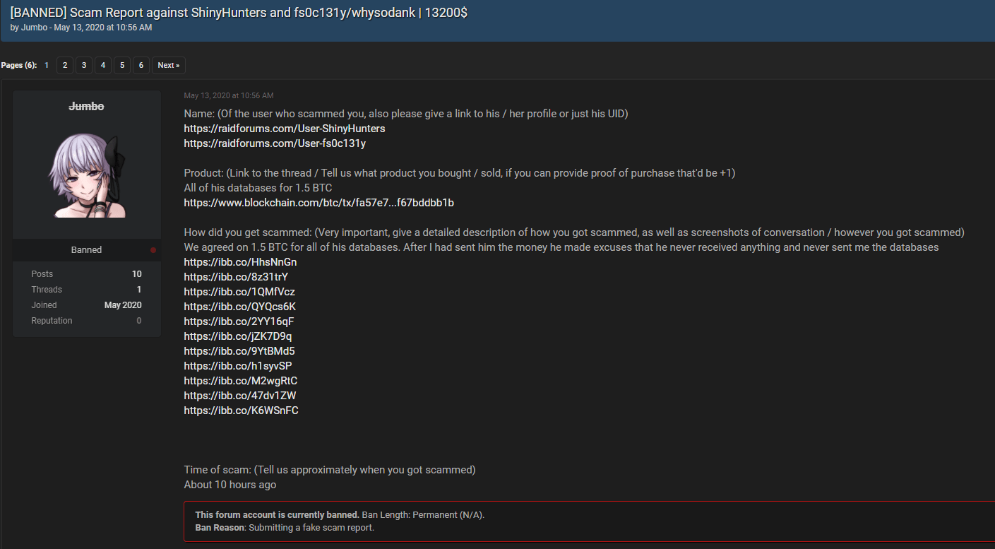 Screenshot of a dispute talk initiated by Jumbo against ShinyHunters