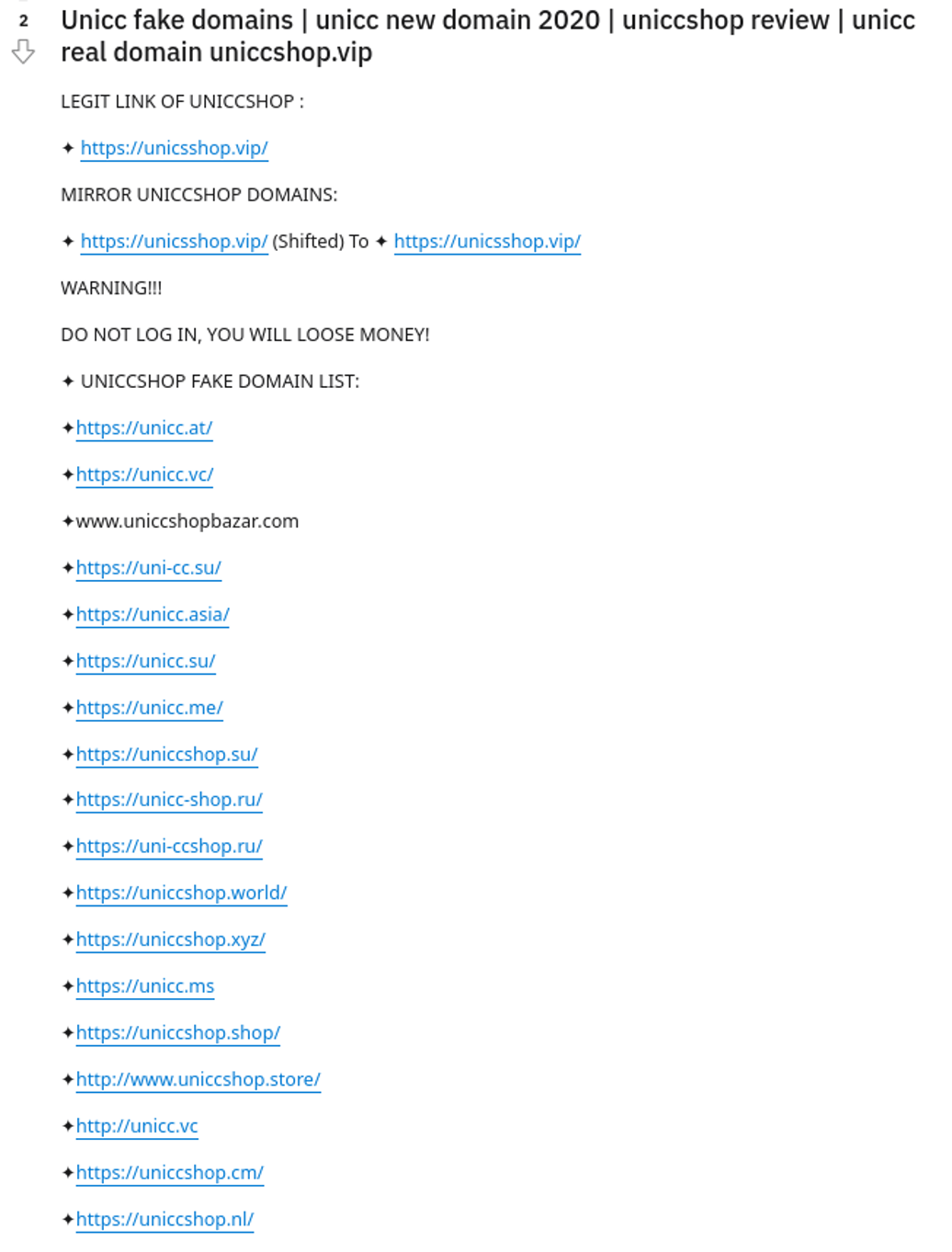 A Reddit post screenshot with a list of fake Unicc domains
