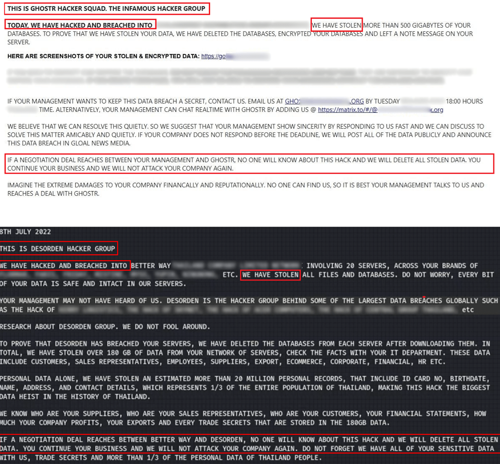 Figure 17. An extortion email sent through onionmail to the victim in May 2024 by GHOSTR (above), and a ransom note left by DESORDEN in July 2022 (below).