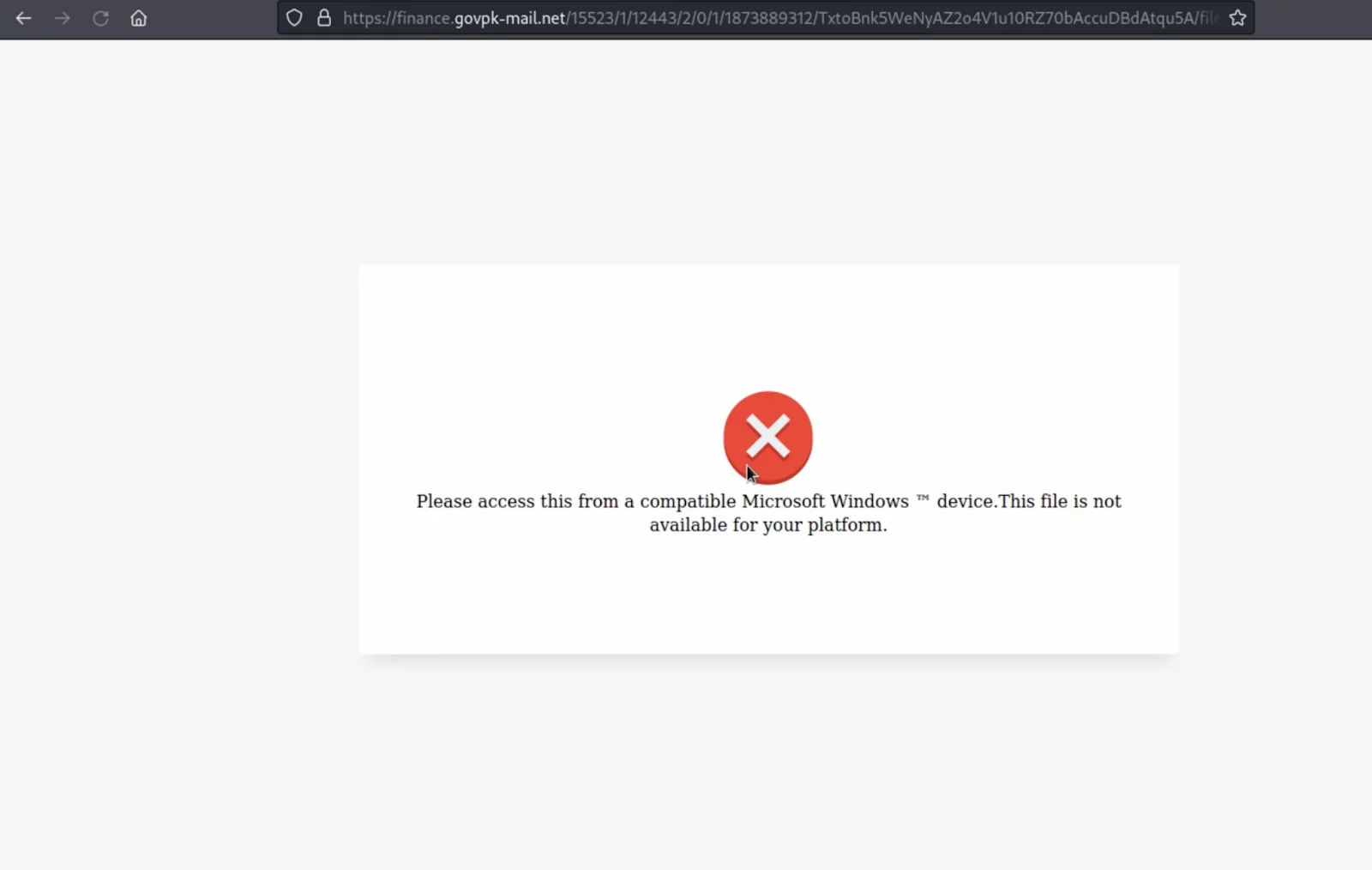 Screenshot of the platform compatibility error
