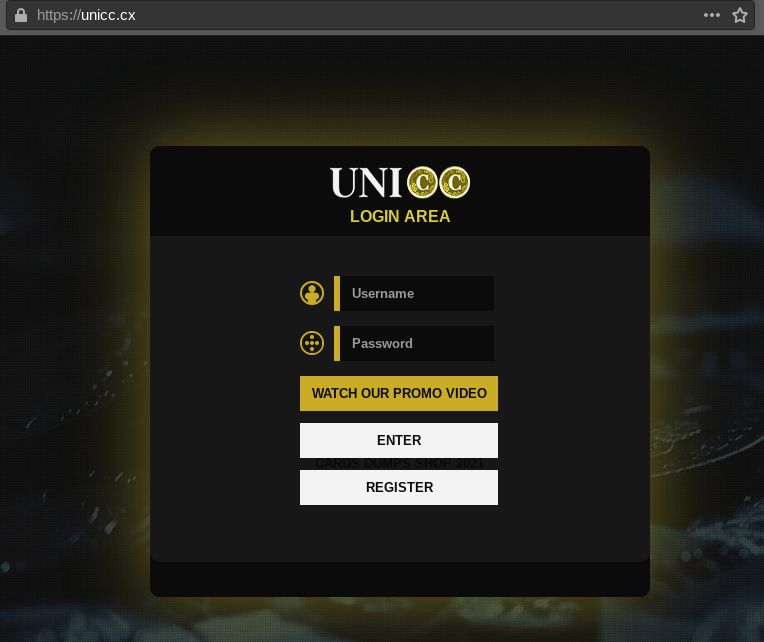 The login page of the fake shop unicc[.]cx screenshot