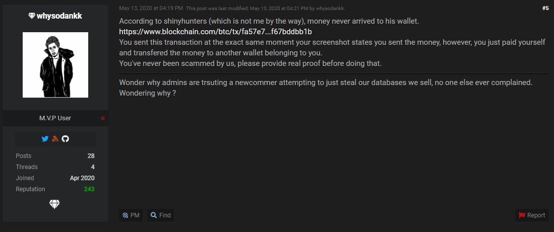 Screenshot of a post by whysodank supporting ShinyHunters in a dispute talk