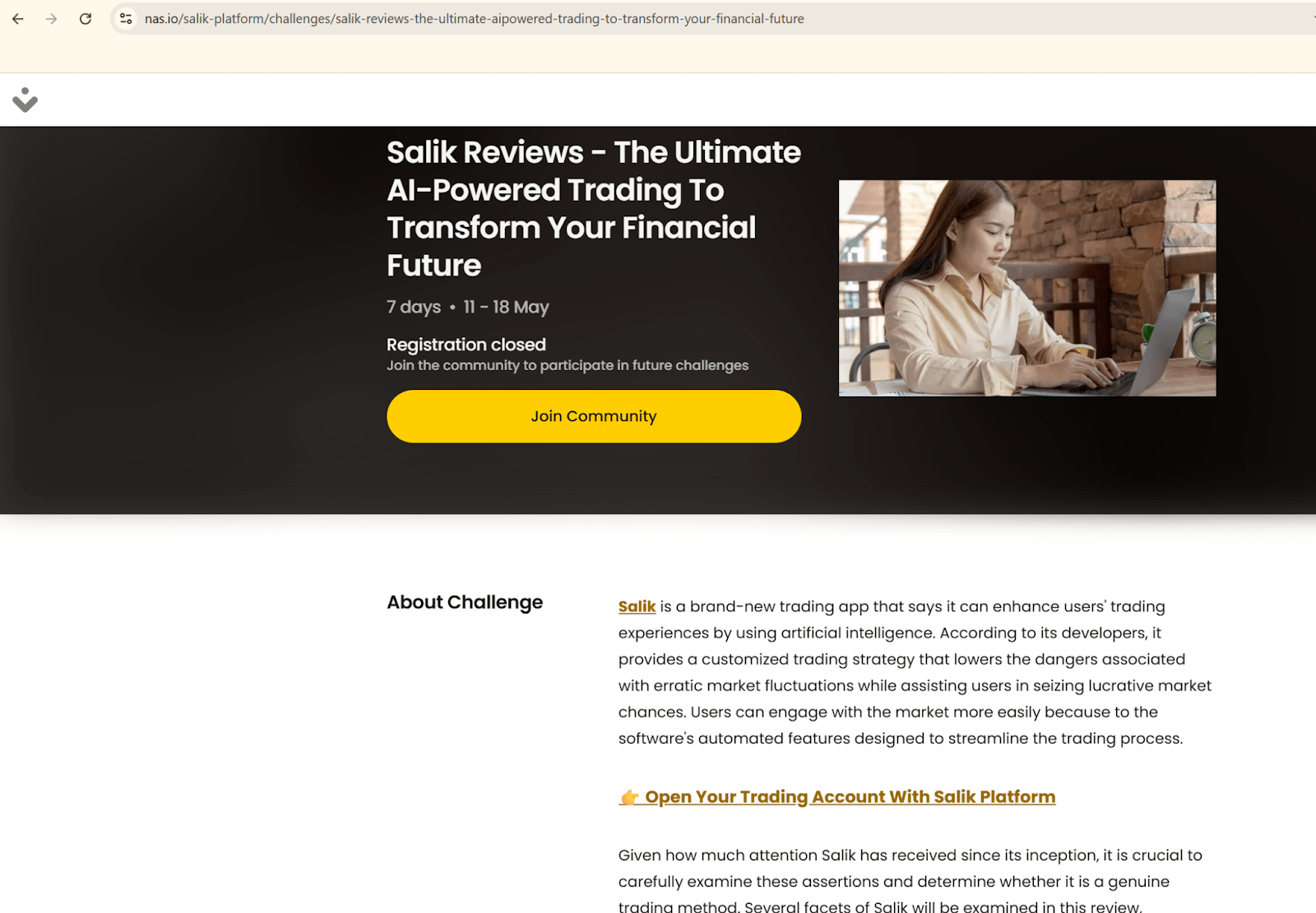 Figure 19, Screenshot of a fake blog titled “Salik Reviews - The Ultimate AI-Powered Trading To Transform Your Financial Future” with a link to a scam website