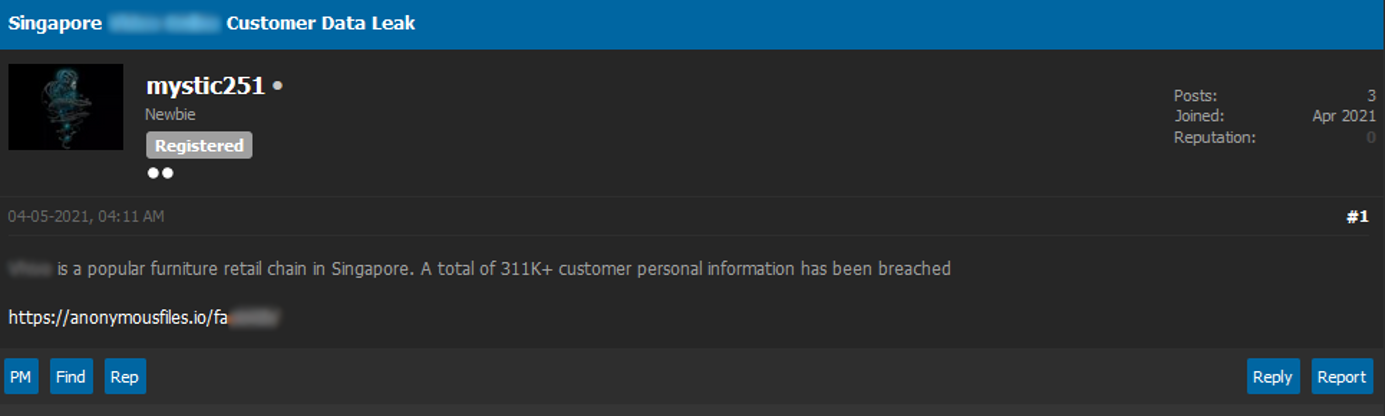 Figure 2. A screenshot of the thread on CryptBB forum, posted by the threat actor under the nickname “mystic251”, announcing the release of a database from a Singaporean victim.