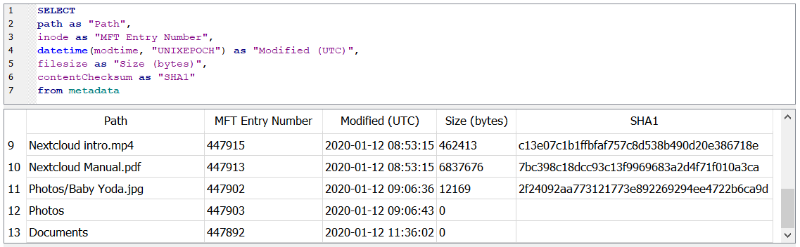 An SQL query for extracting data from the metadata table