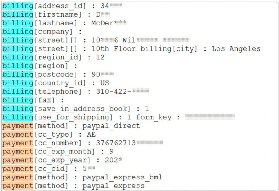 Image 2: Example of stolen payment and personal data stored on GetBilling’s servers (data is blurred in the screenshot above)