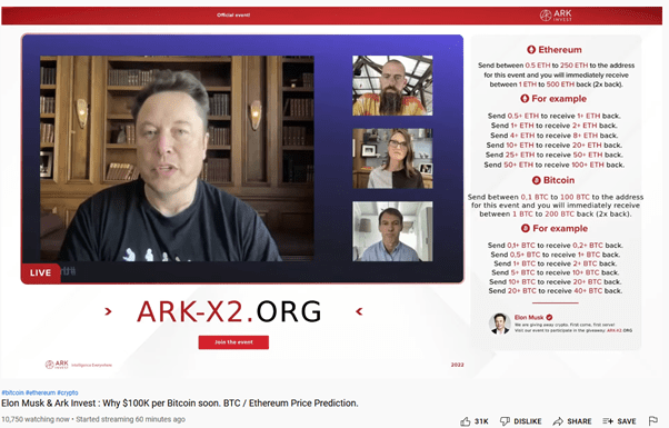 screenshot of a fake stream with Ilon Musk