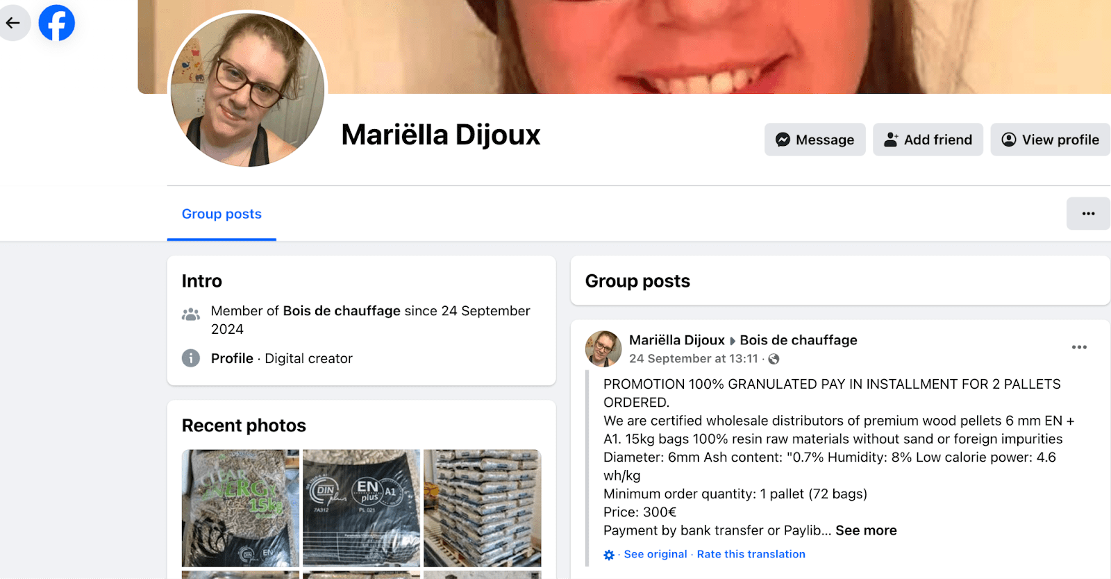 Figure 2. A series of screenshots of scammers’ posts on Facebook, claiming to sell pellets and firewood. Note that these screenshots were originally in French, and have been auto-translated for the purposes of this article.