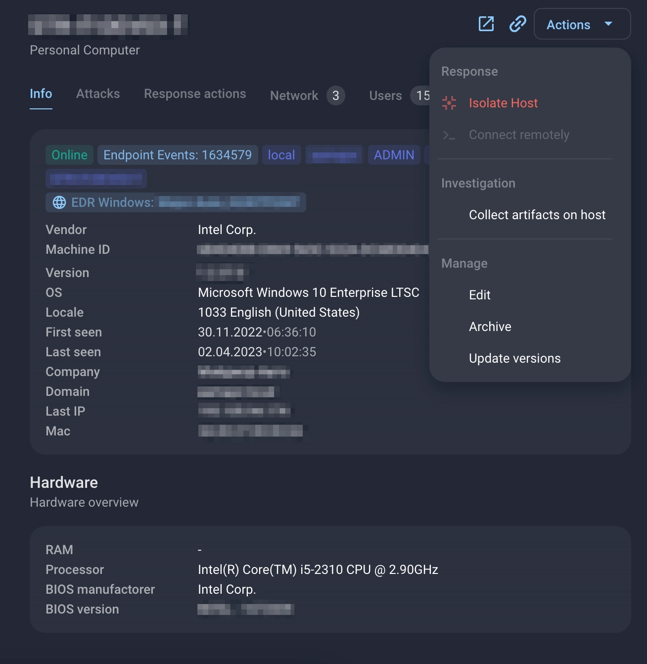 Detailed information about a device with an EDR agent and response options