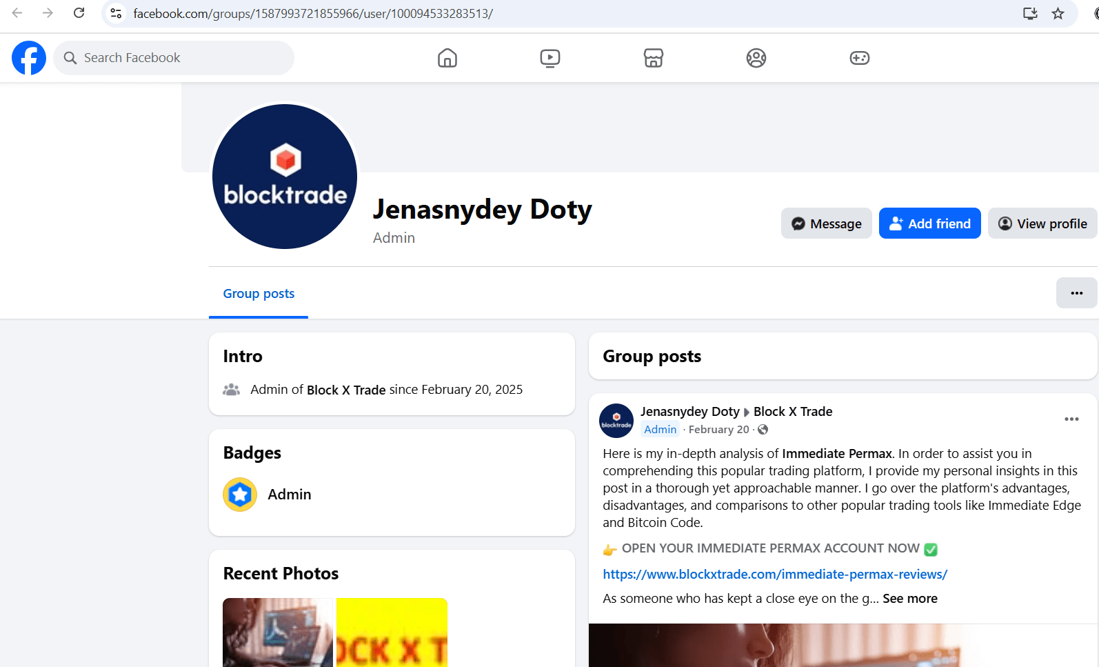 Figure 20, Screenshot of a Facebook profile “Jenasnydey Doty” with a post which includes a link to a fake review
