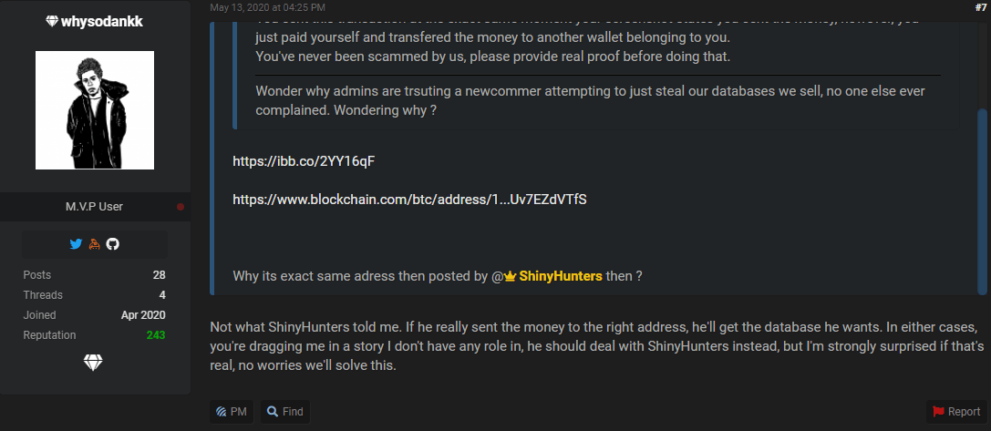Screenshot of a post by whysodank supporting ShinyHunters in a dispute talk