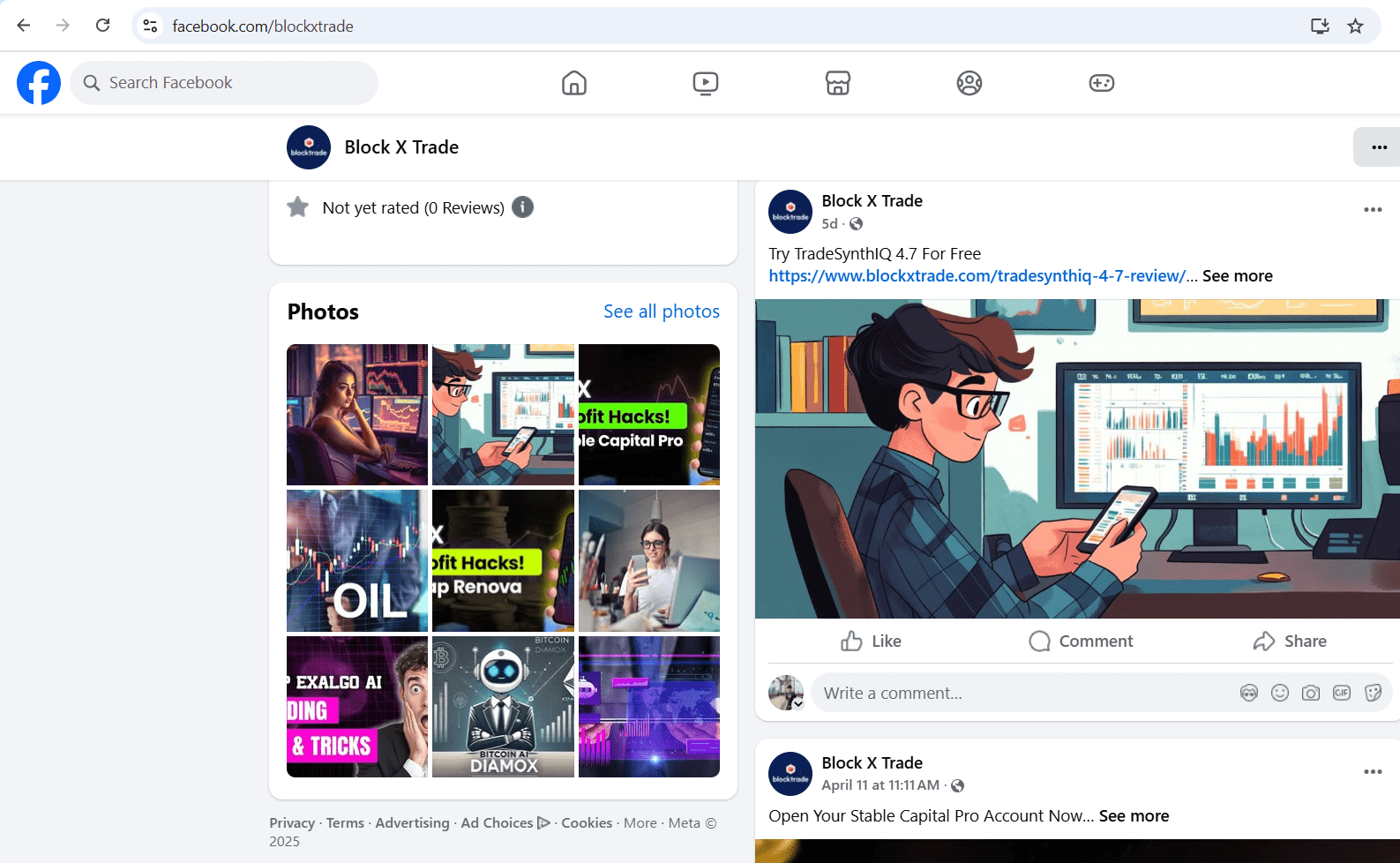 Figure 21, Screenshot of a Facebook profile “Block X Trade” with a post which includes a link to a fake review