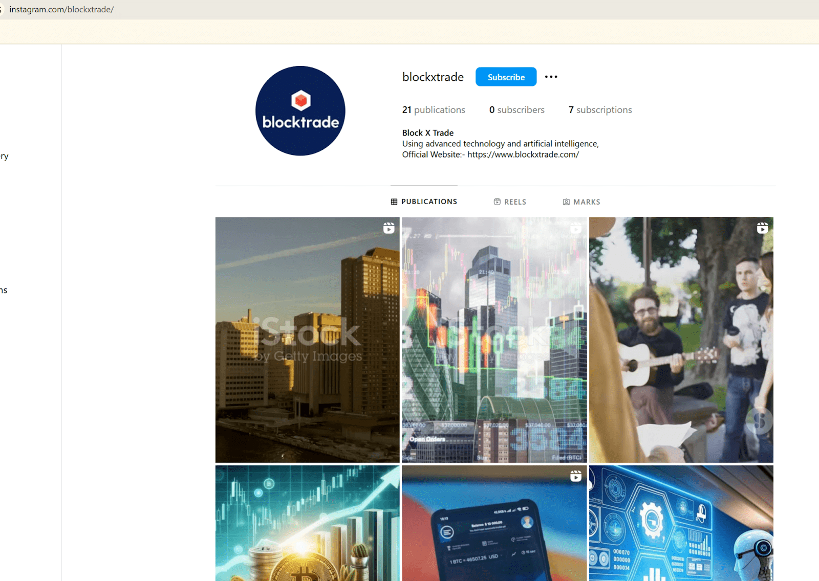 Figure 22, Screenshot of a Instagram profile “blockxtrade” with posts and description with a link to a fake review