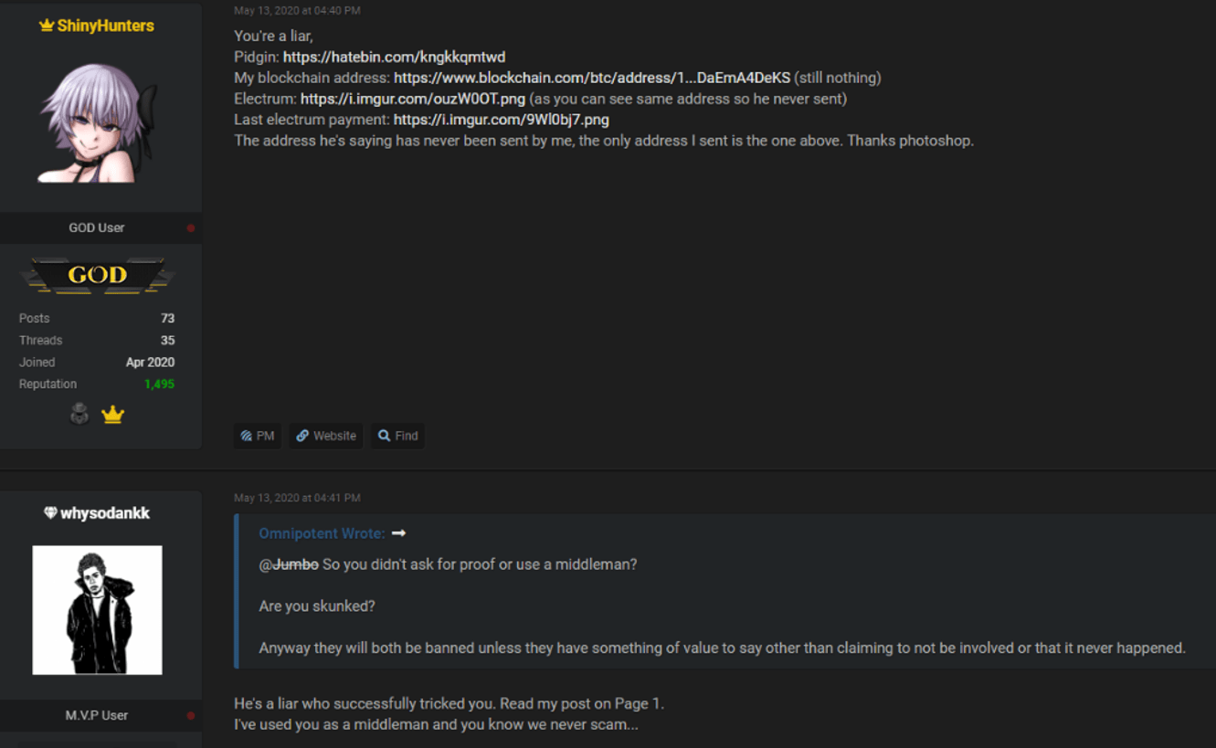 Screenshot of a post by whysodank supporting ShinyHunters in a dispute talk