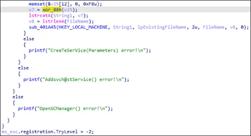Fragments of code encrypted with XOR and debugging lines in BlueTraveller