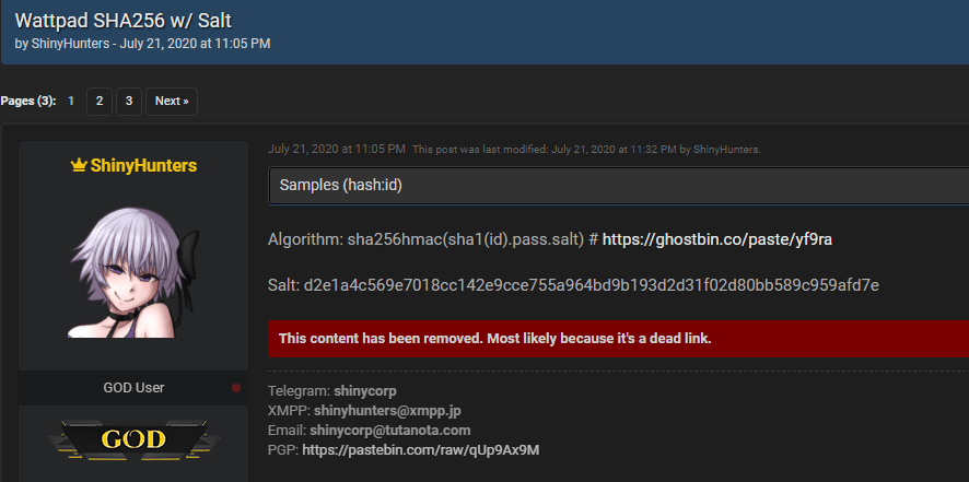 Screenshot of ShinyHunters' post with Jabber account