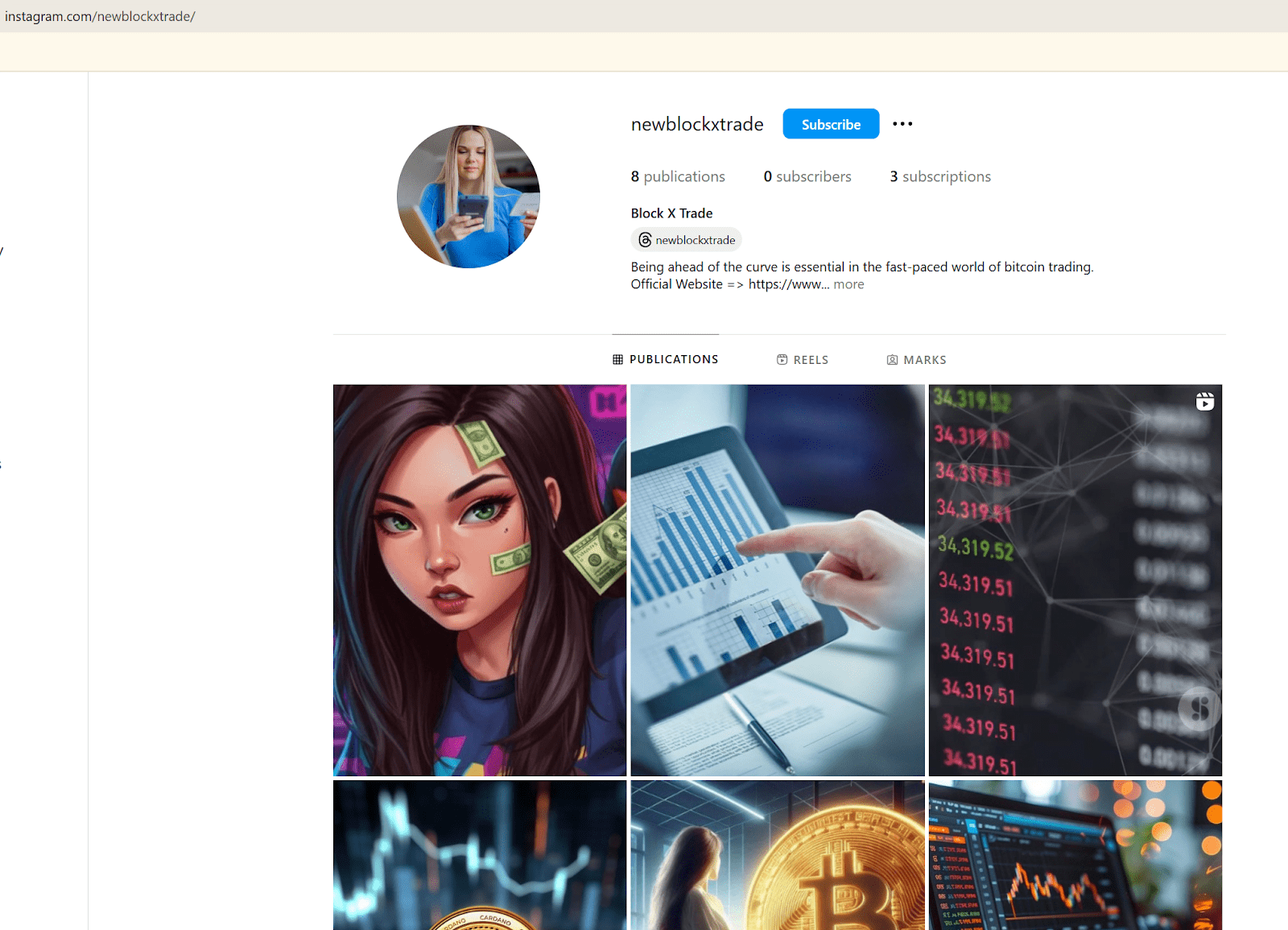 Figure 23, Screenshot of a Instagram profile “newblockxtrade” with posts and description with a link to a fake review