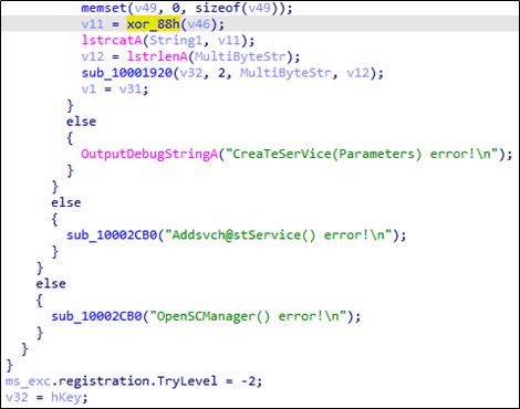 Fragments of code encrypted with XOR and debugging lines in Albaniiutas